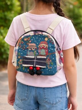 Owl or Elephant Tapestry Mini Backpack Boho Festival Bag 9”